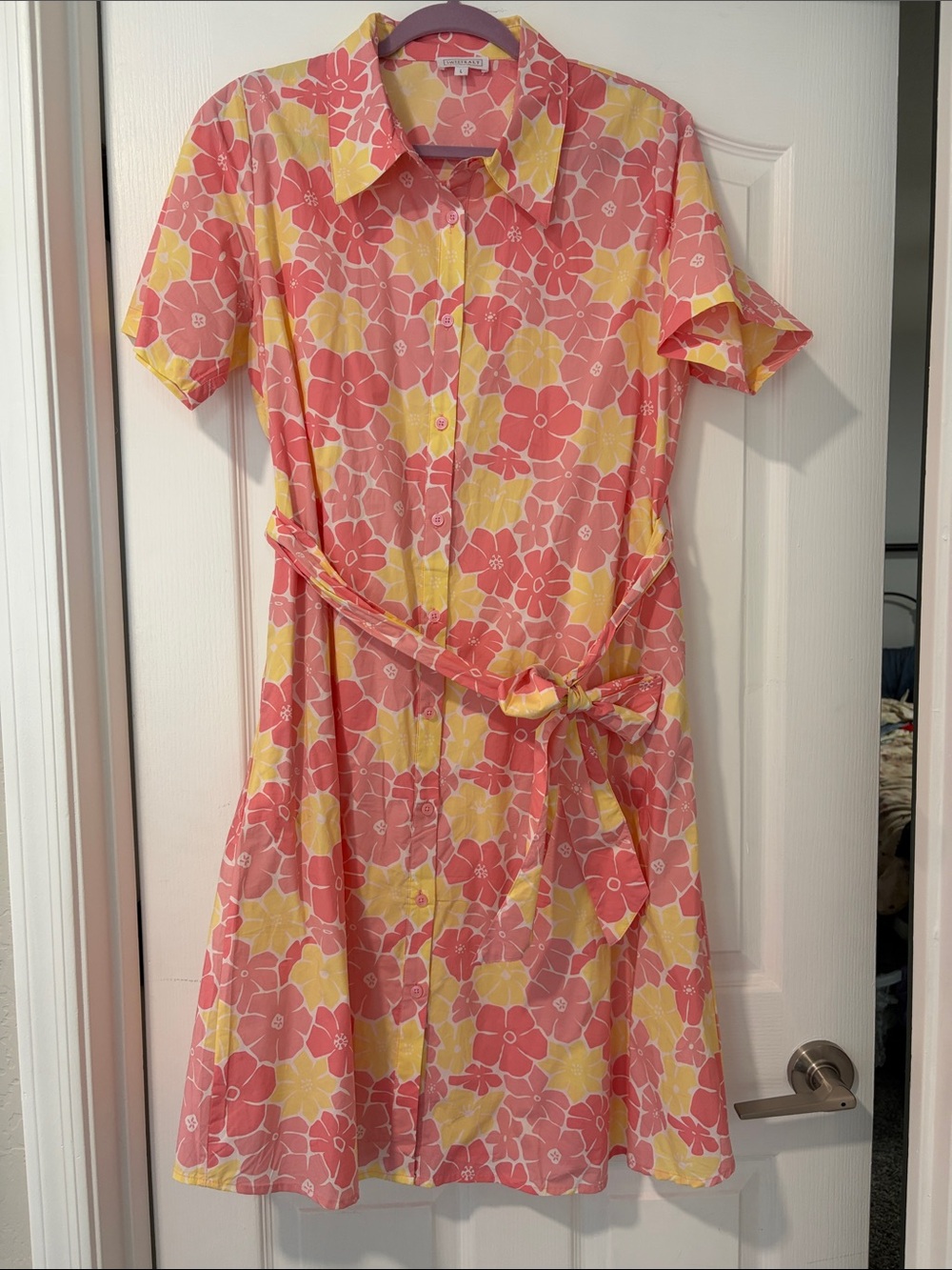 Women’s Pink & Yellow Floral Shirt Dress with Tie Waist